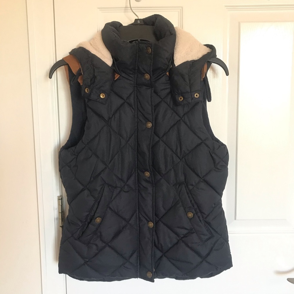 H&M Navy & Tan Hooded Zip Puffer Vest Sz 6 Small